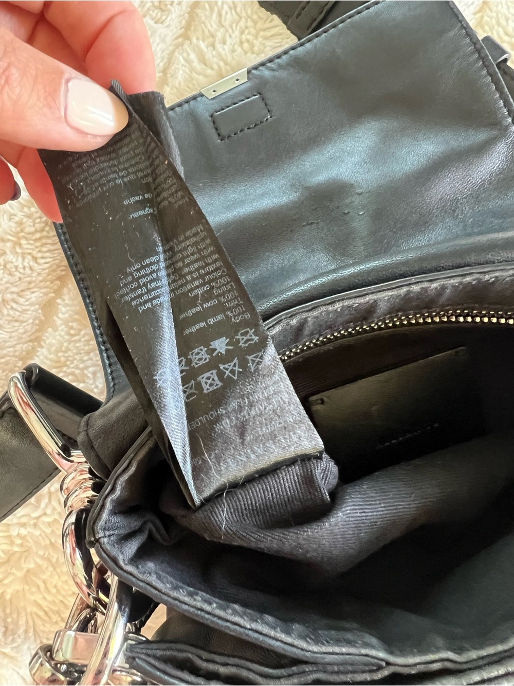 All Saints Black Leather Crossbody Clutch with Chain & Wide Strap - Picture 14 of 16